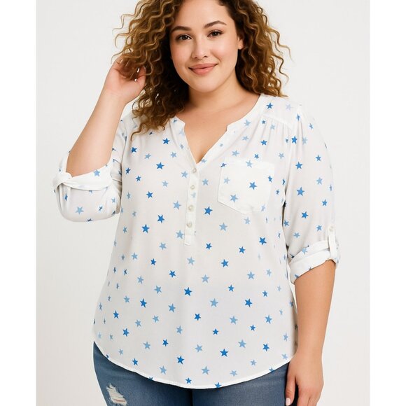 Torrid Harper Georgette Blouse Sheer Blue Star Print Roll Tab Sleeve Plus 2 | 2X - Picture 1 of 12